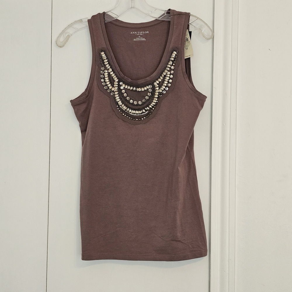 Ann Taylor Brown Embellished Fitted Tank Top